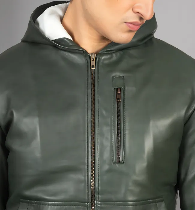 Baston Black Hooded Leather Bomber Jacket