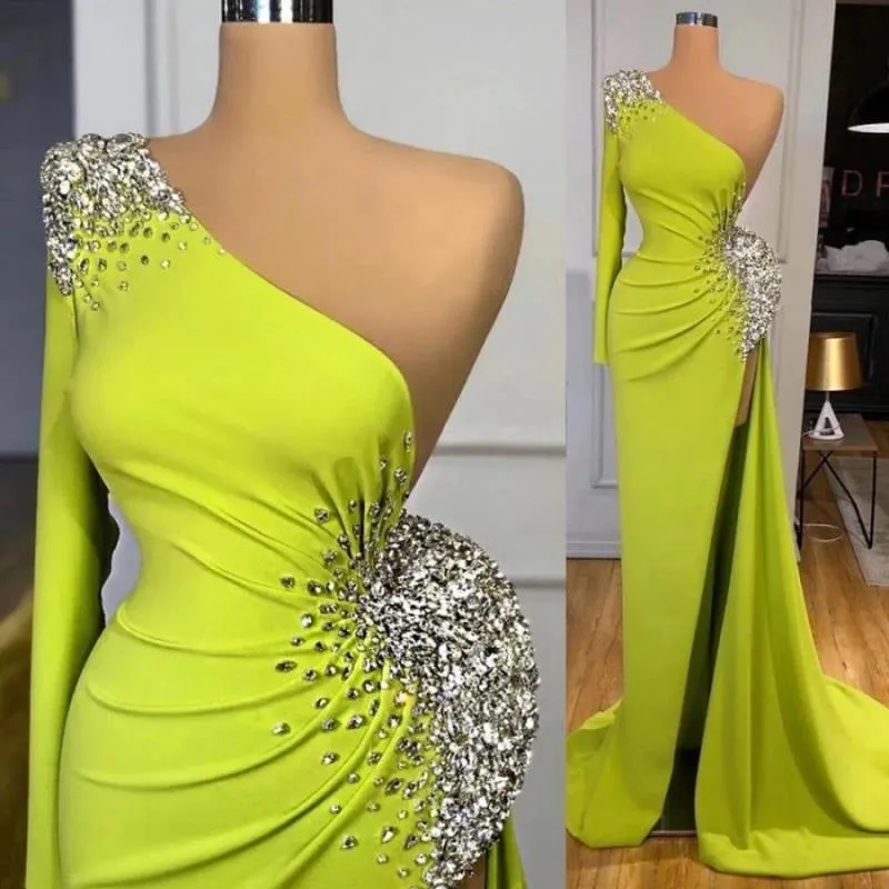 Beaded Yellow Green Mermaid Long Prom Dress with Split Sleeves