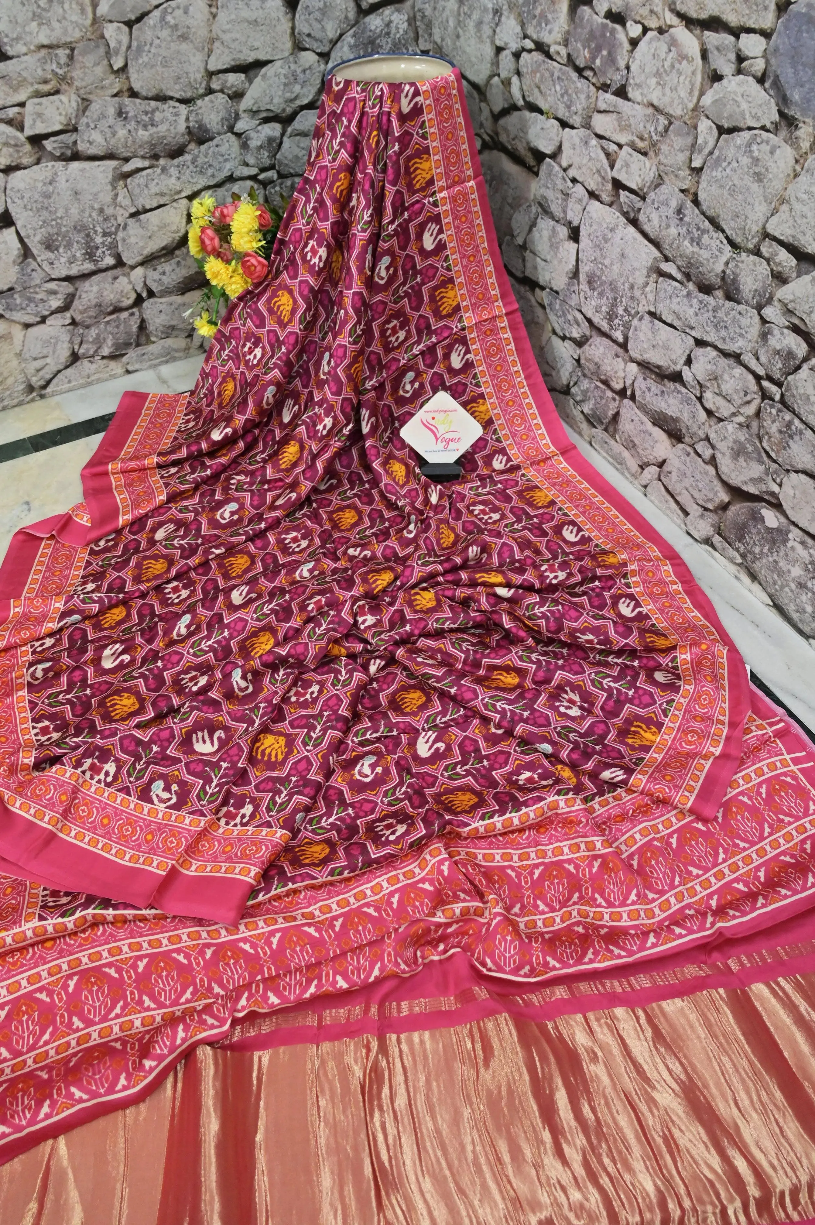 Beetroot Color Ghazi Silk with Ikat Print