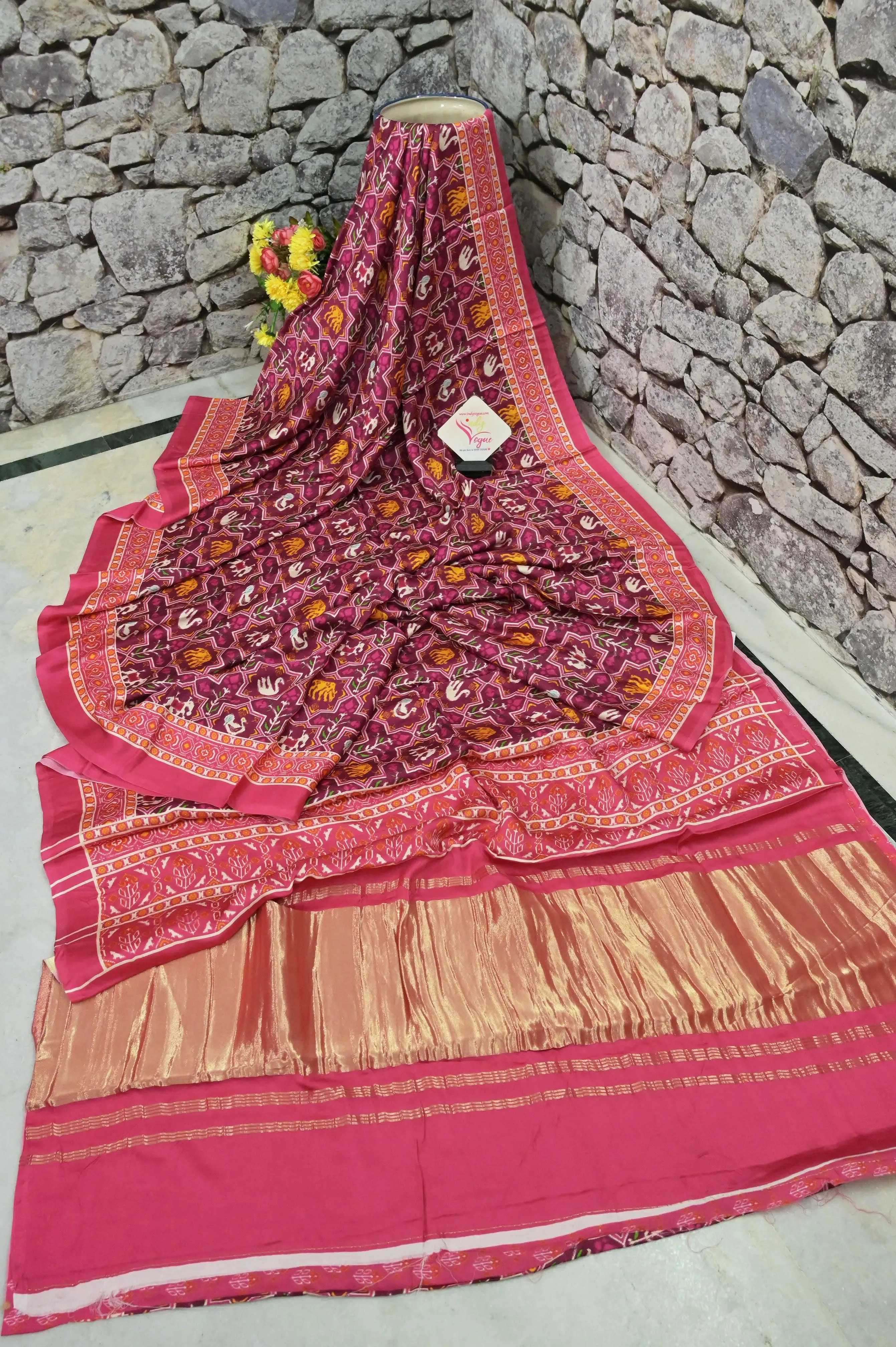 Beetroot Color Ghazi Silk with Ikat Print