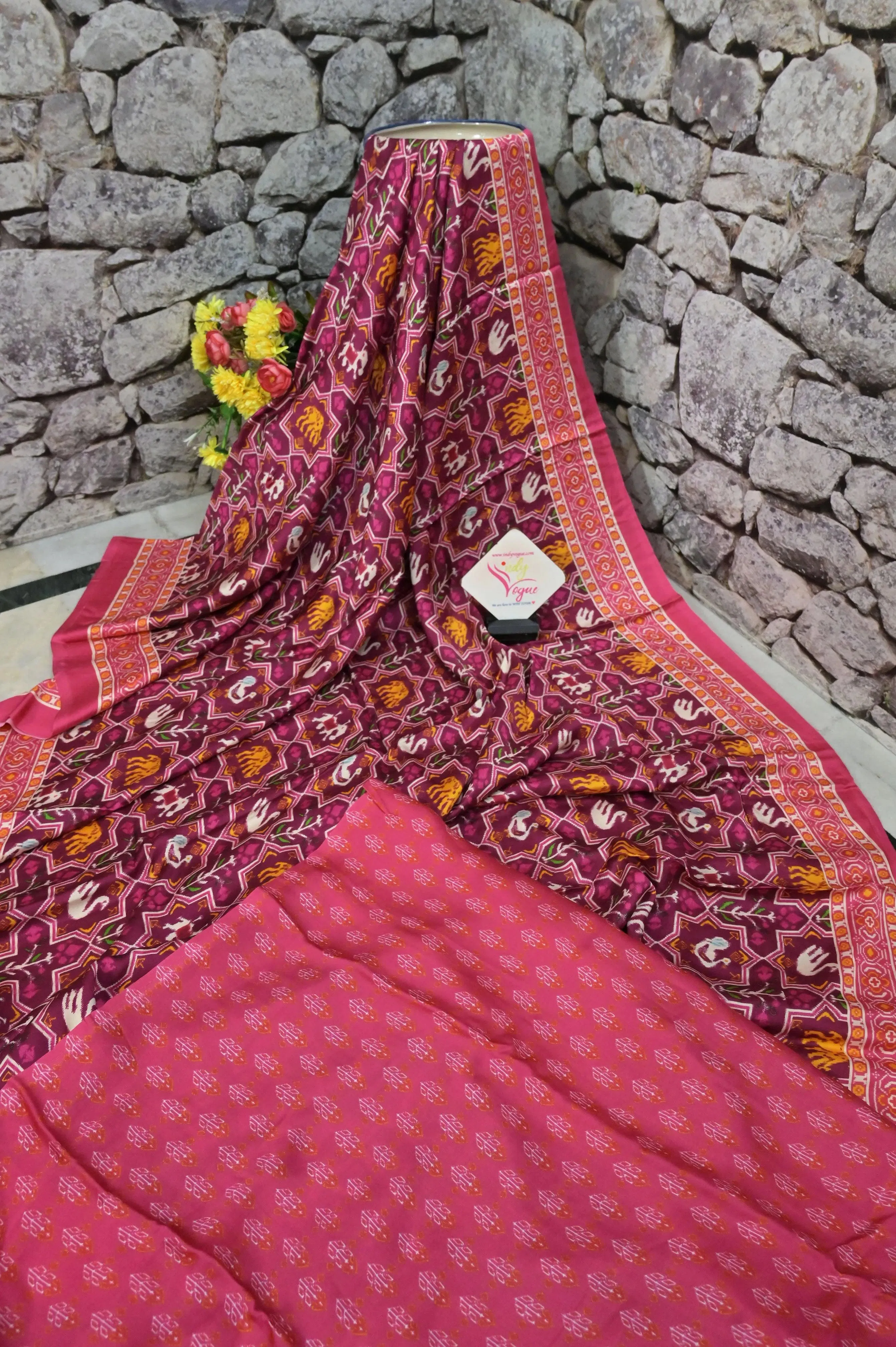 Beetroot Color Ghazi Silk with Ikat Print