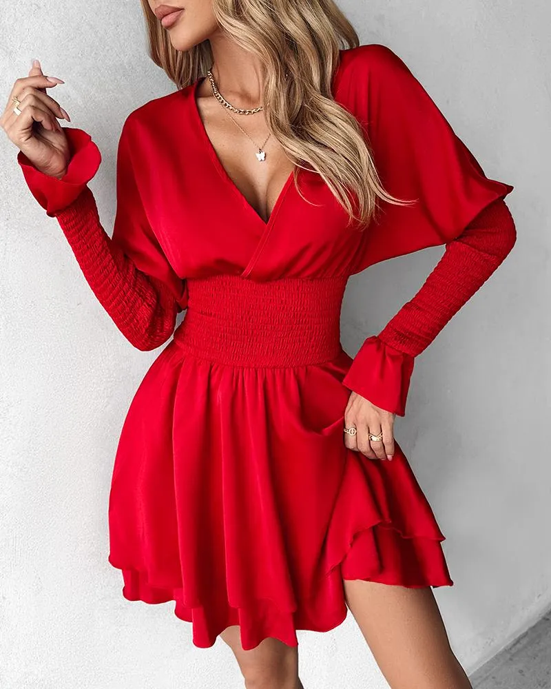 Bell Sleeve Shirred Ruffles Casual Dress