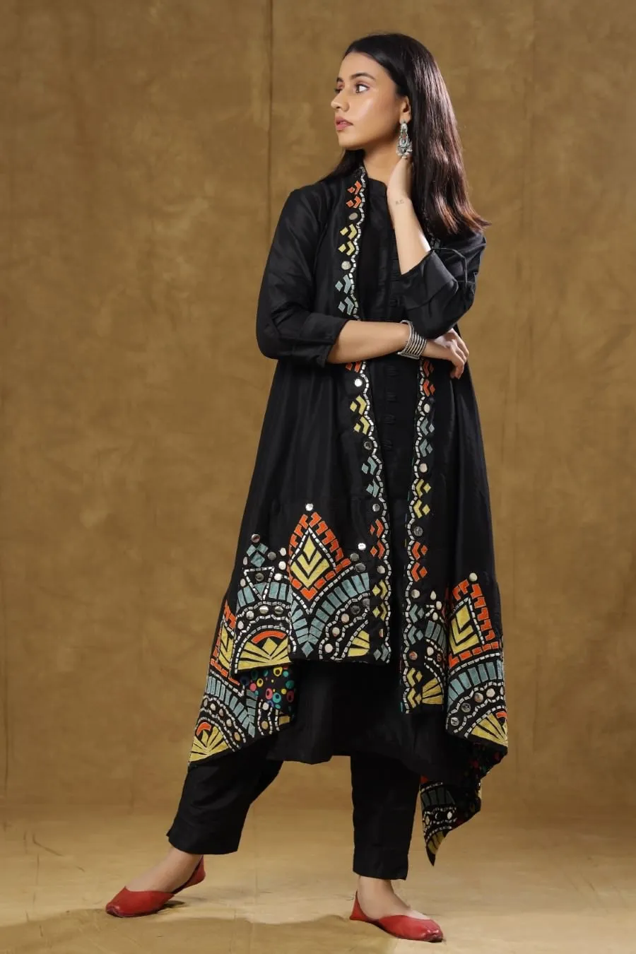 Black Dola Silk Kurta Pant And Jacket Set