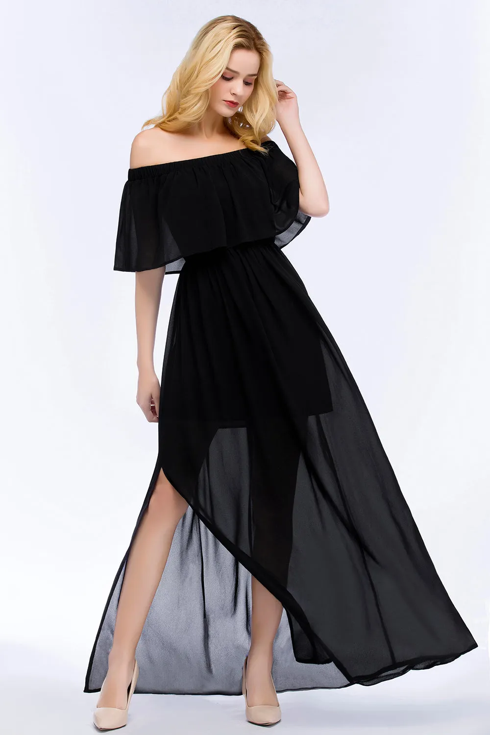 Black Long A-Line Chiffon Off-the-Shoulder Bridesmaid Dresses with Slit