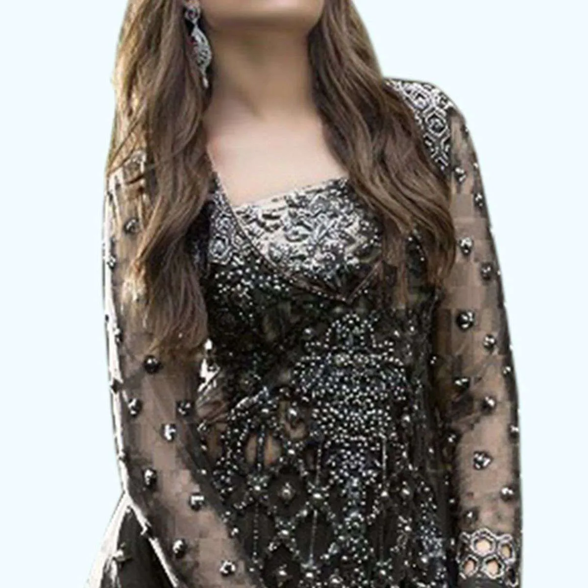 Black Pure Pakistani Style Designer Heavy Embroidered on Net 054B