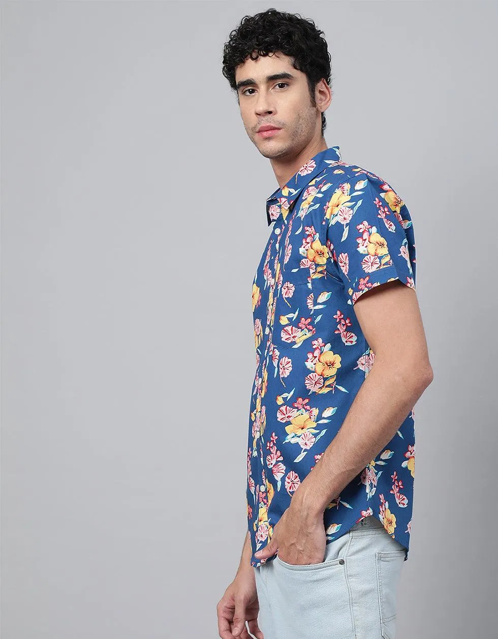 Blue Floral Printed Casual Shirt