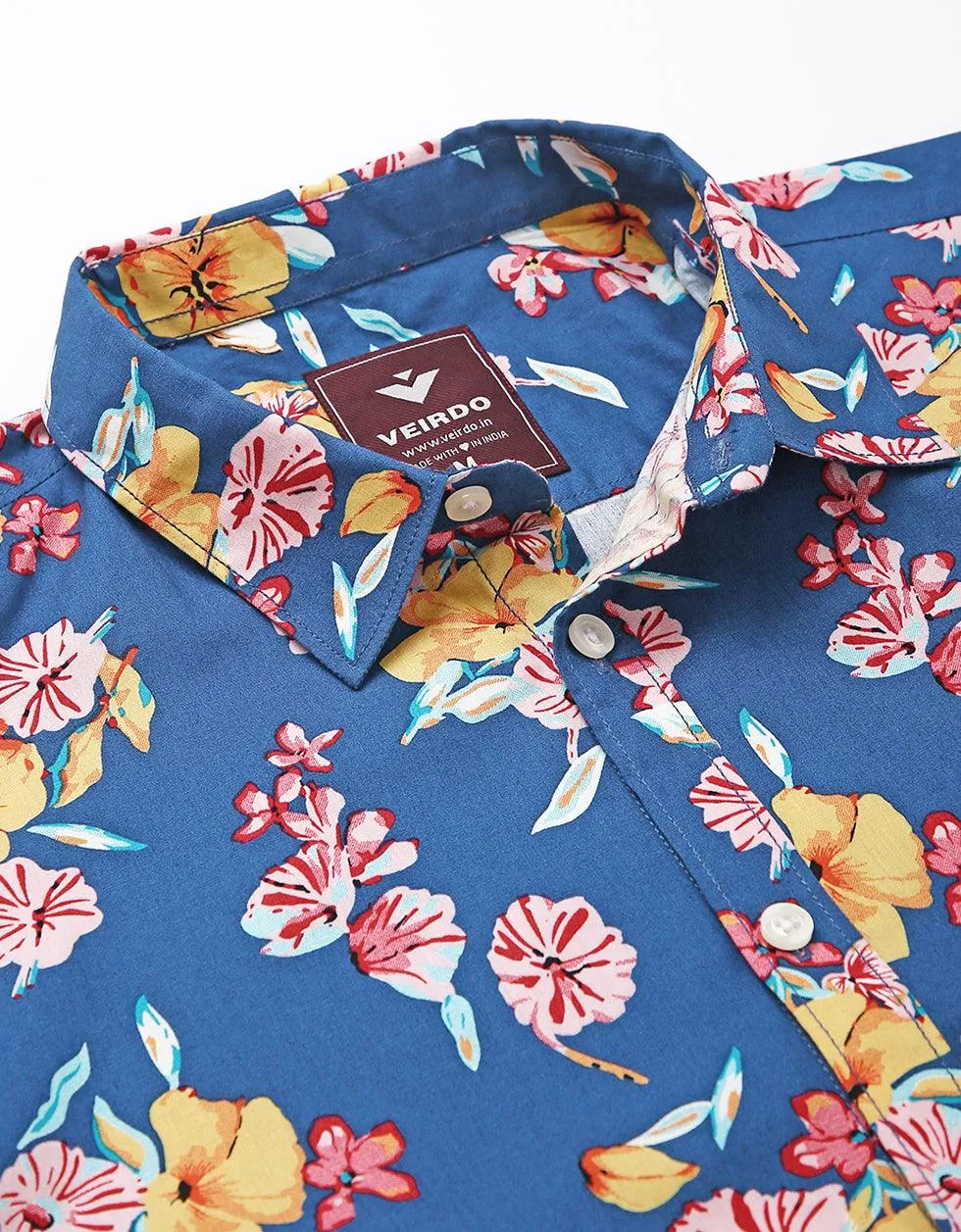 Blue Floral Printed Casual Shirt