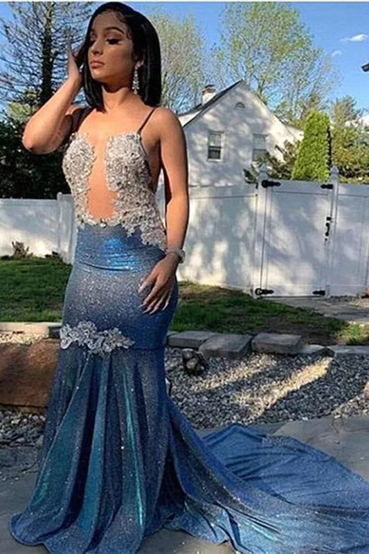 Blue Sequined Mermaid Prom Gown with Spaghetti Straps