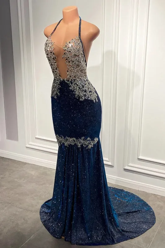 Blue Sequined Mermaid Prom Gown with Spaghetti Straps