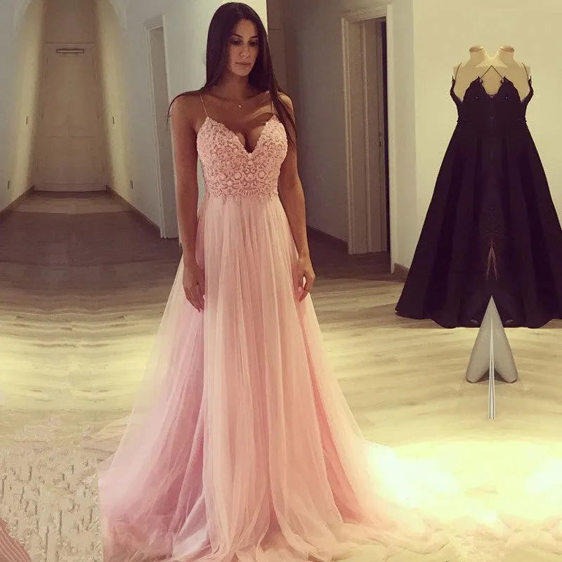 Blush Pink Tulle Lace Prom Gown with Delicate Spaghetti Straps