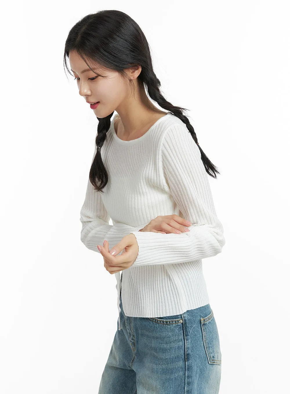 Boat Neck Buckle Knit Top OF414