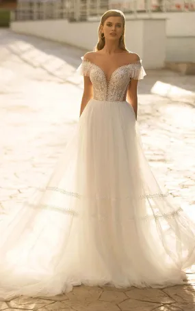 Bohemian A Line Lace V-neck Court Train Wedding Dress with Appliques-716083