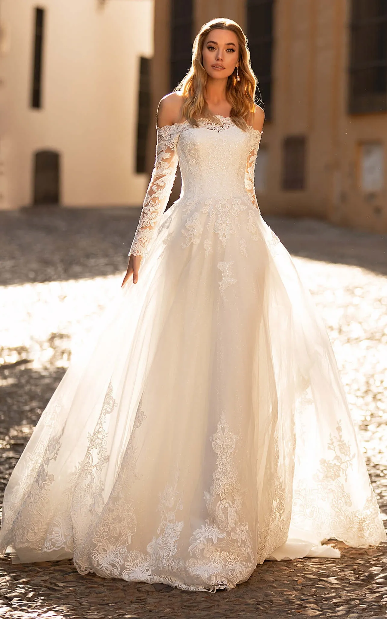 Bohemian Off-the-shoulder A Line Court Train Wedding Dress with Appliques-716100