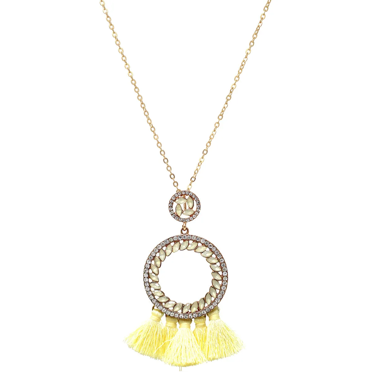 Boho Chic Glass Stone Pave Hoop Thread Tassel Long Necklace