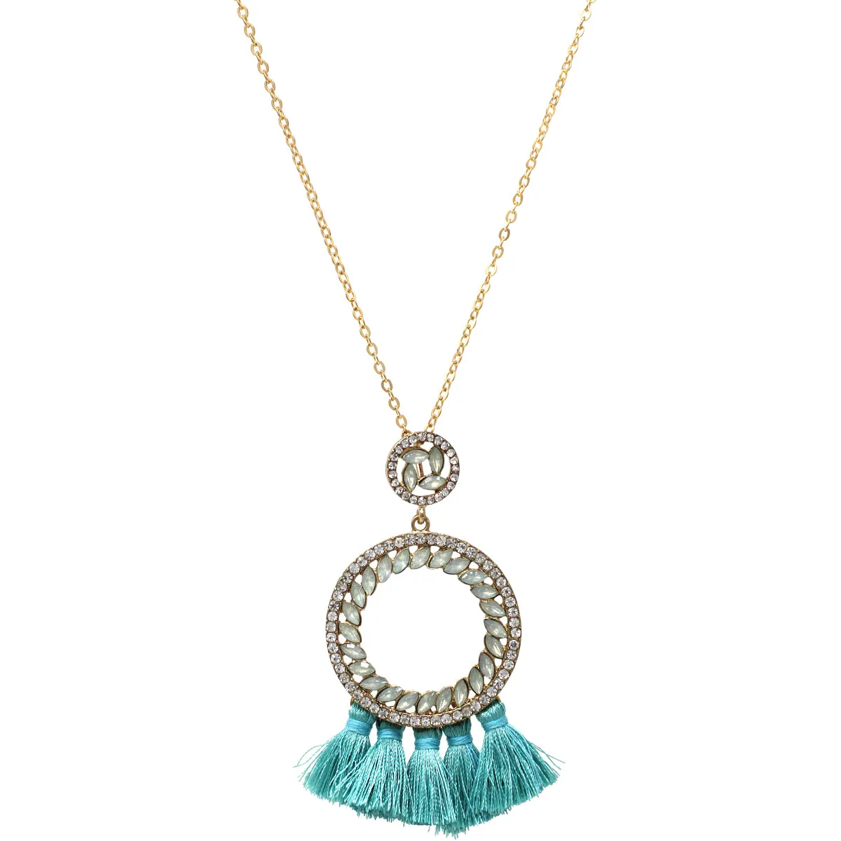 Boho Chic Glass Stone Pave Hoop Thread Tassel Long Necklace