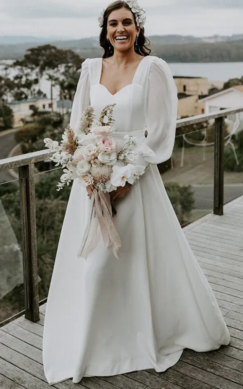 Casual A Line Floor-length Sweep Train Chiffon Queen Anne Long Sleeve Wedding Dress-716038