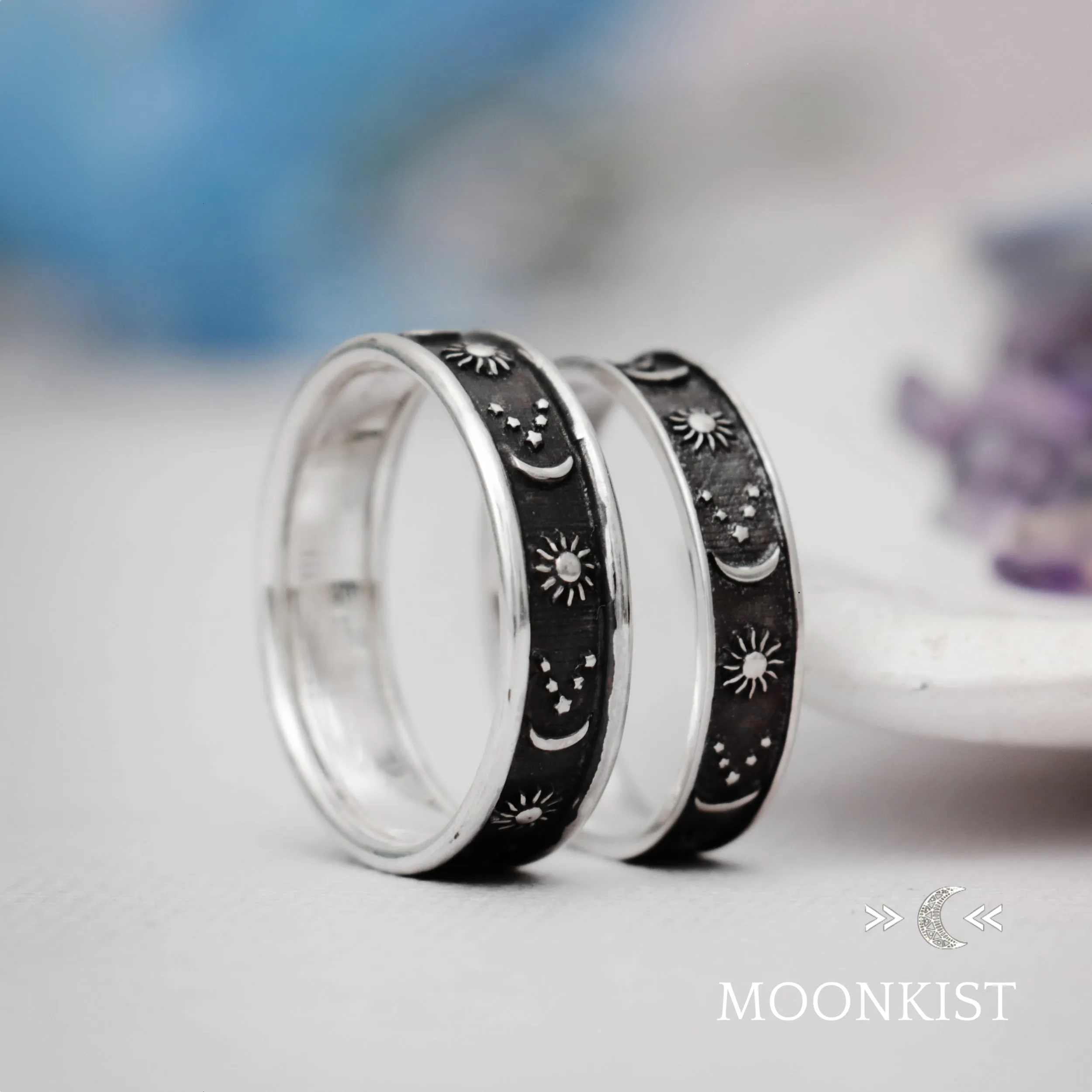 Celestial Black Moon and Stars Wedding Band Set | Moonkist Designs