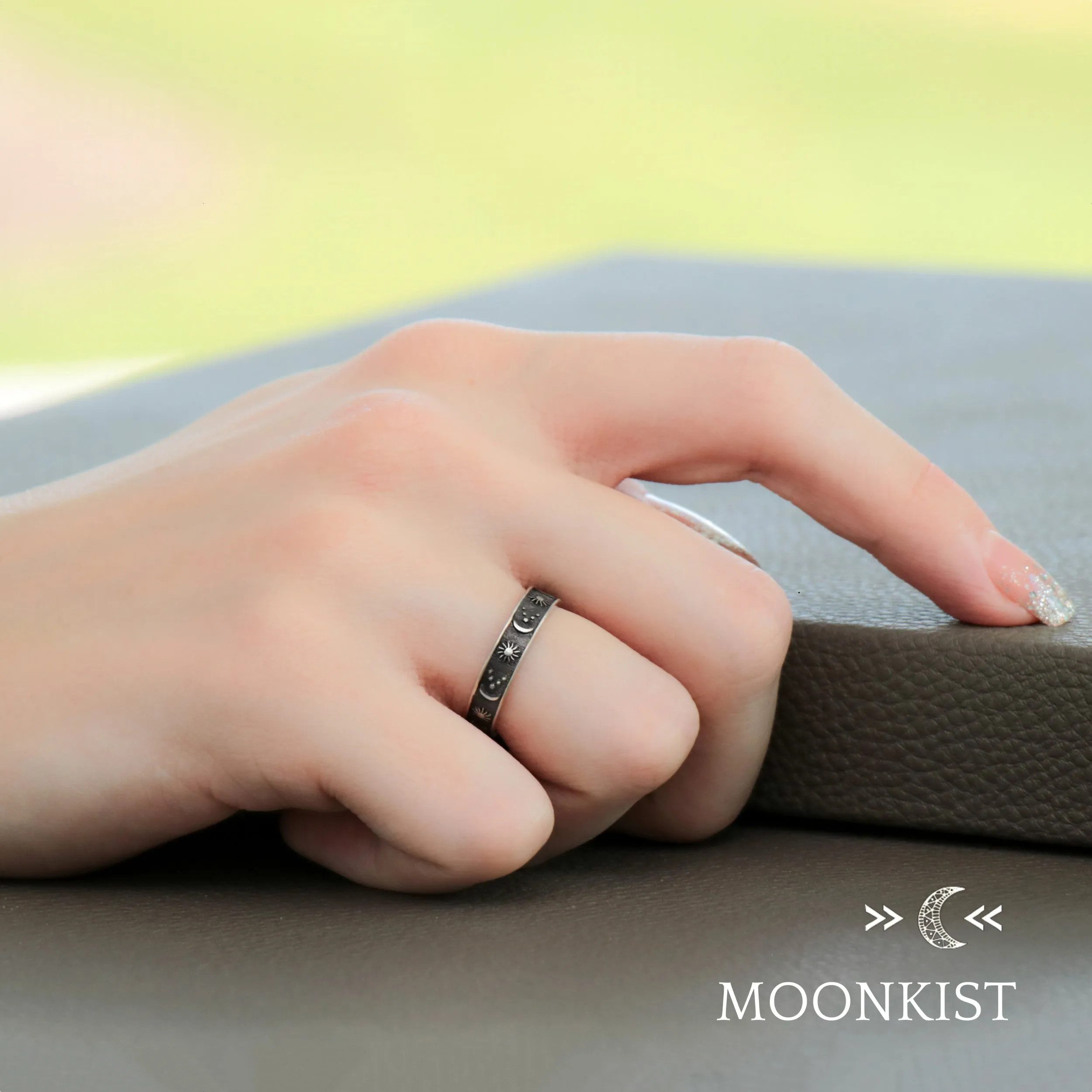 Celestial Black Moon and Stars Wedding Band Set | Moonkist Designs