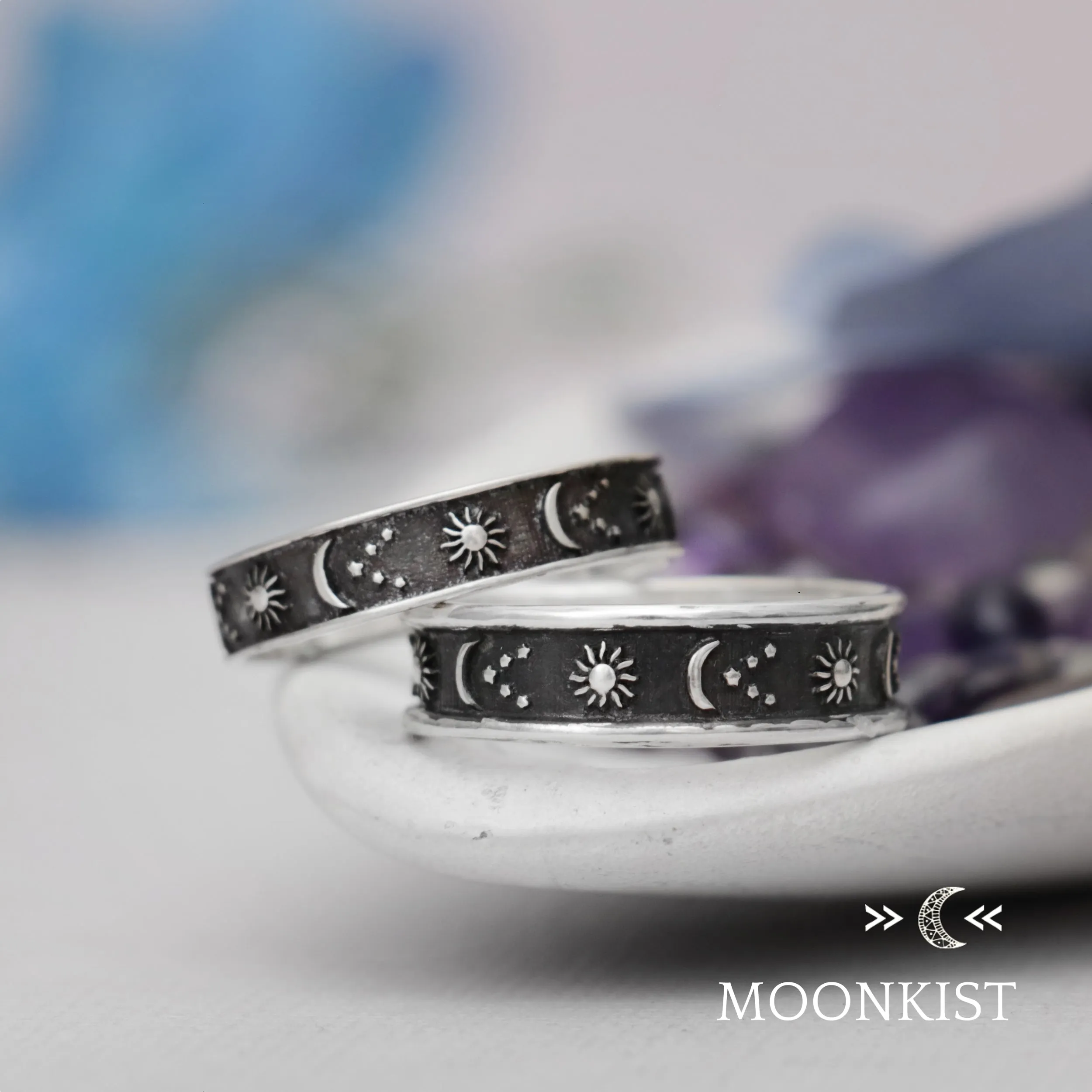 Celestial Black Moon and Stars Wedding Band Set | Moonkist Designs