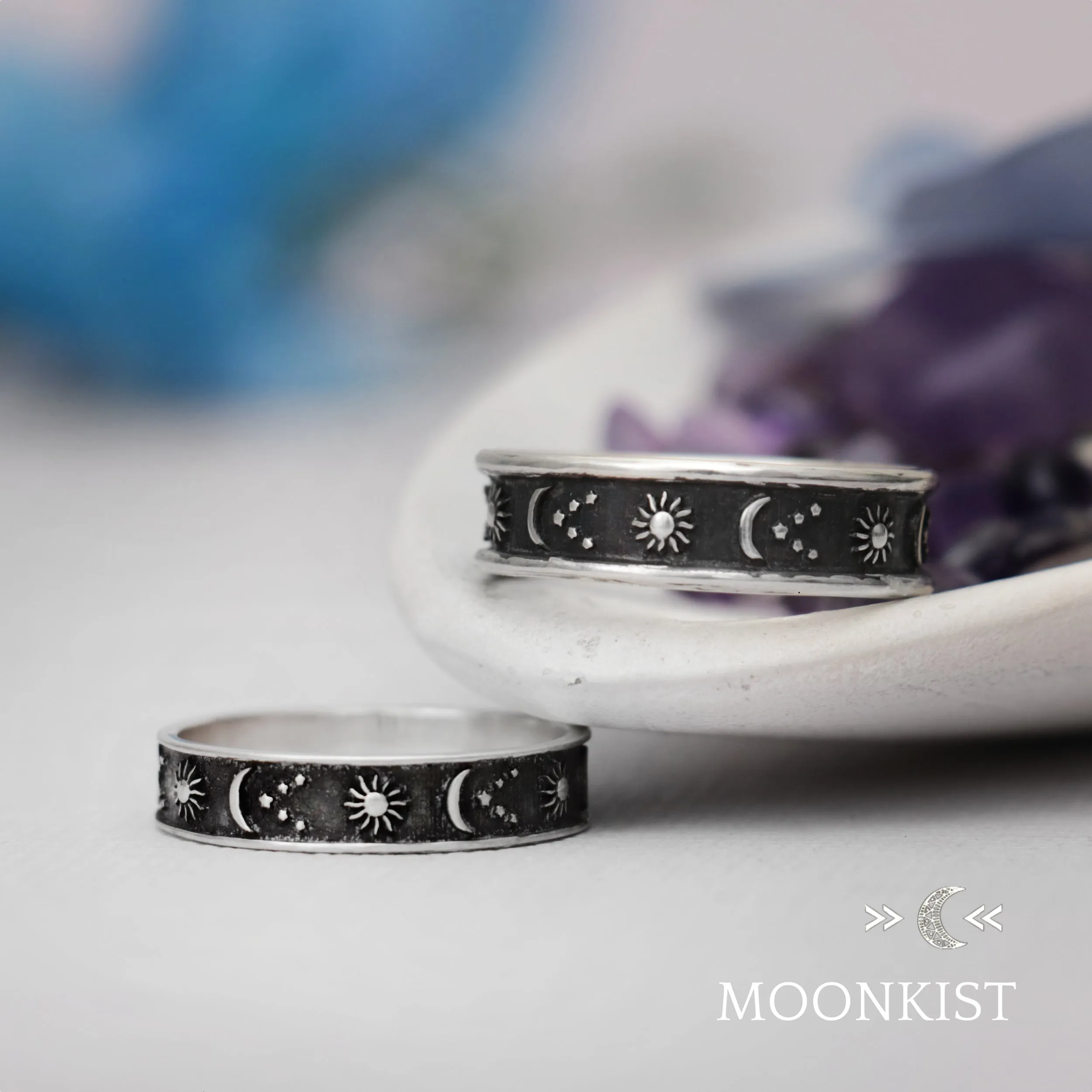 Celestial Black Moon and Stars Wedding Band Set | Moonkist Designs