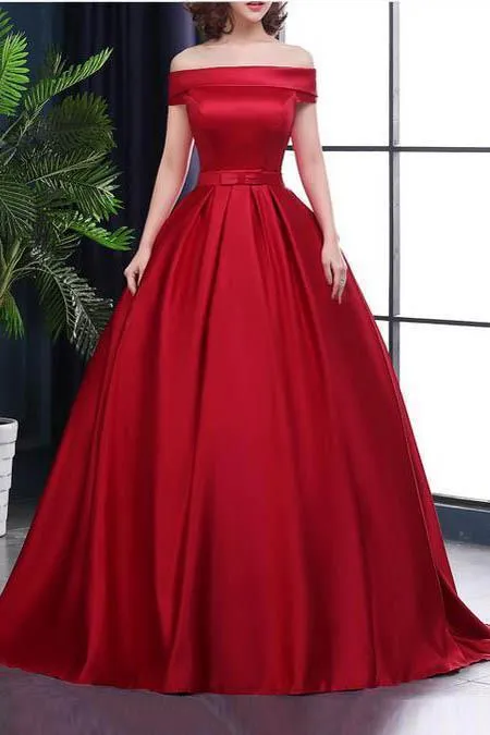 Chic A-Line Off-the-Shoulder Satin Simple Red Sleeveless Lace up Long Prom Dresses