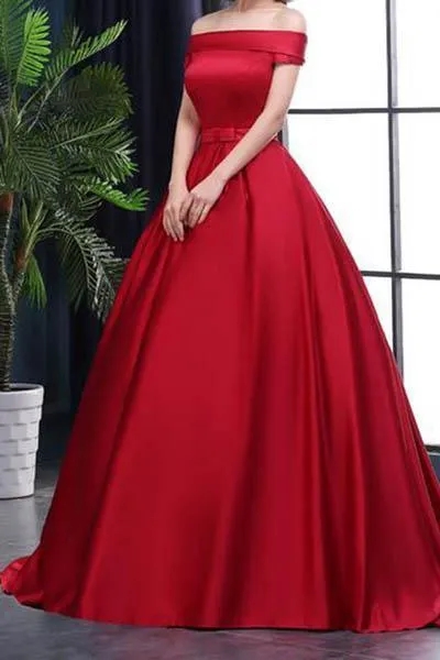 Chic A-Line Off-the-Shoulder Satin Simple Red Sleeveless Lace up Long Prom Dresses