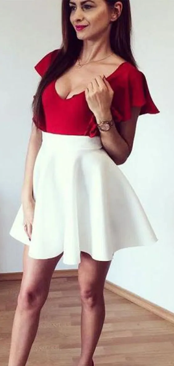 Chic Deep V Neck Short Sleeves Satin A Line Homecoming Dresses