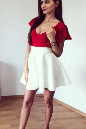 Chic Deep V Neck Short Sleeves Satin A Line Homecoming Dresses