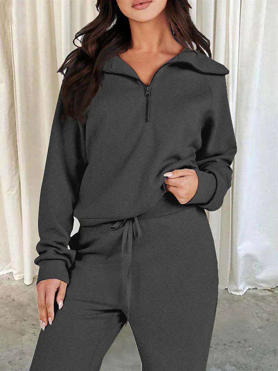 Chic Lapel Long Sleeve Loungewear Set for Women with Pant Pocket