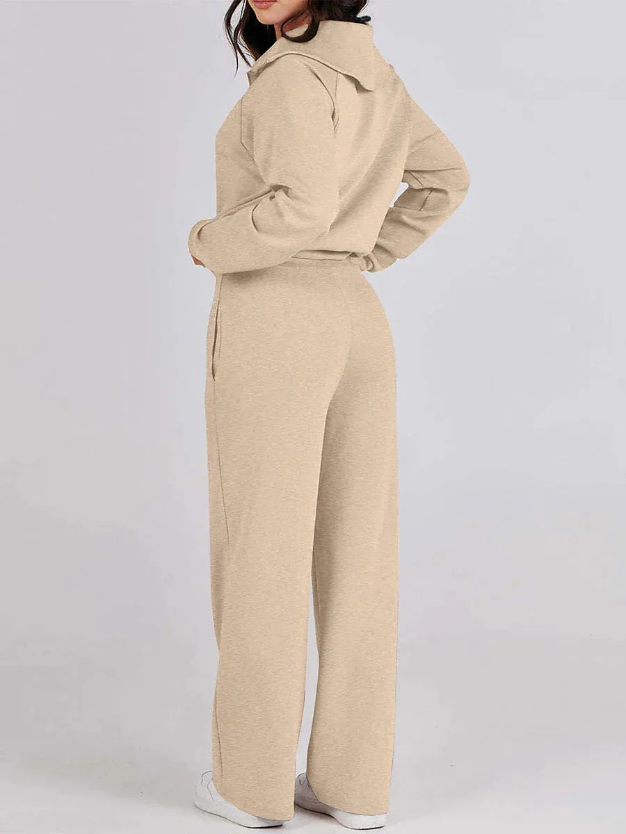 Chic Lapel Long Sleeve Loungewear Set for Women with Pant Pocket