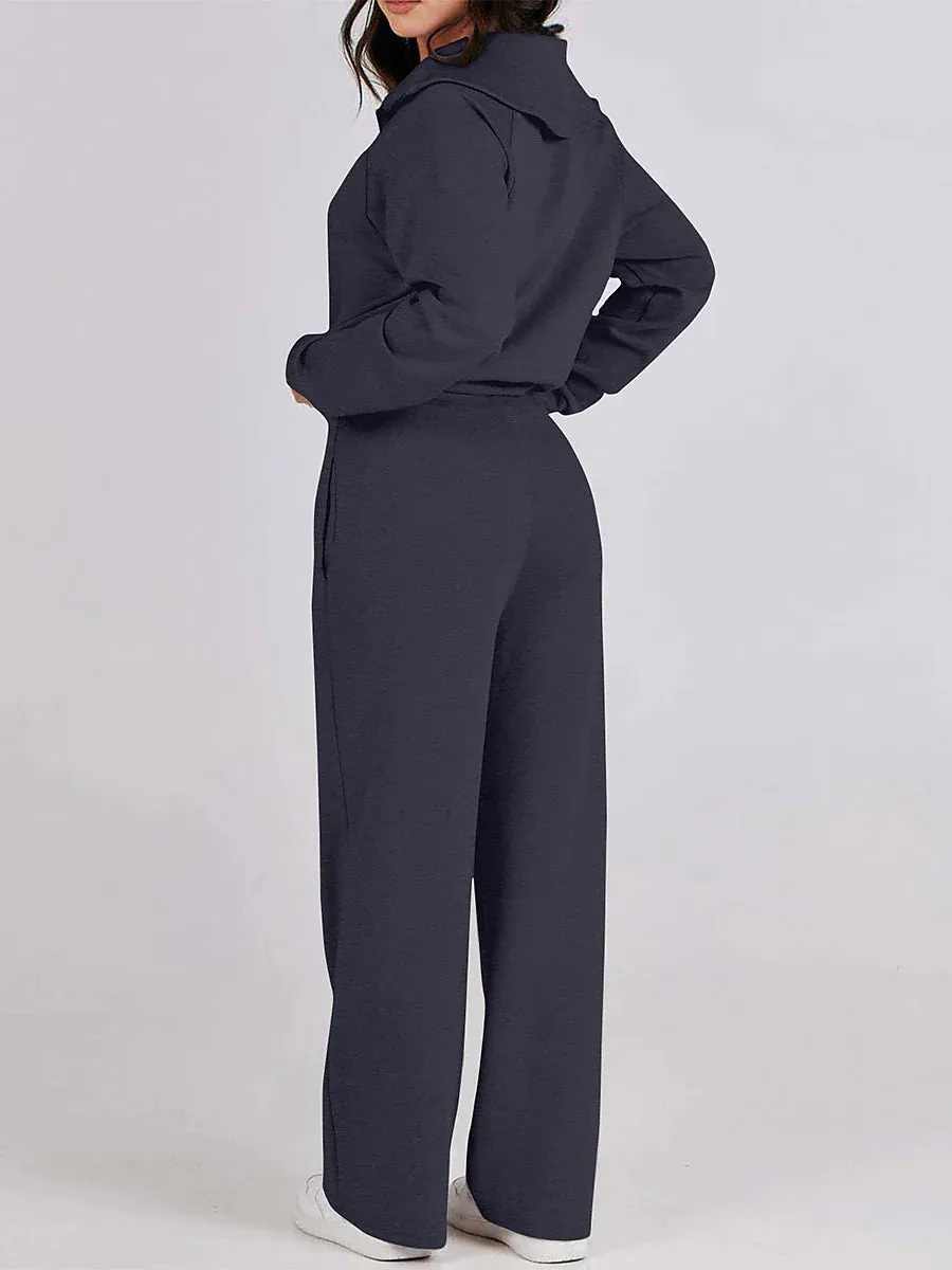 Chic Lapel Long Sleeve Loungewear Set for Women with Pant Pocket