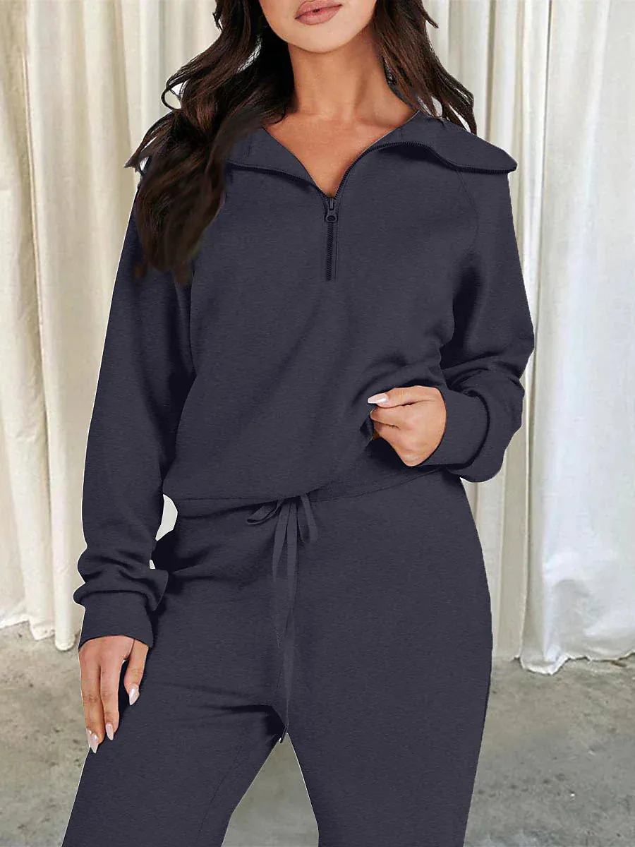 Chic Lapel Long Sleeve Loungewear Set for Women with Pant Pocket