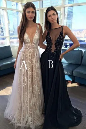 Chic Sleeveless V-Neck A-Line Lace Tulle Lone Prom Dresses