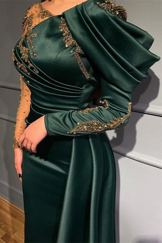 Dark Green Long Sleeves Mermaid Evening Dress With Beads and Appliques