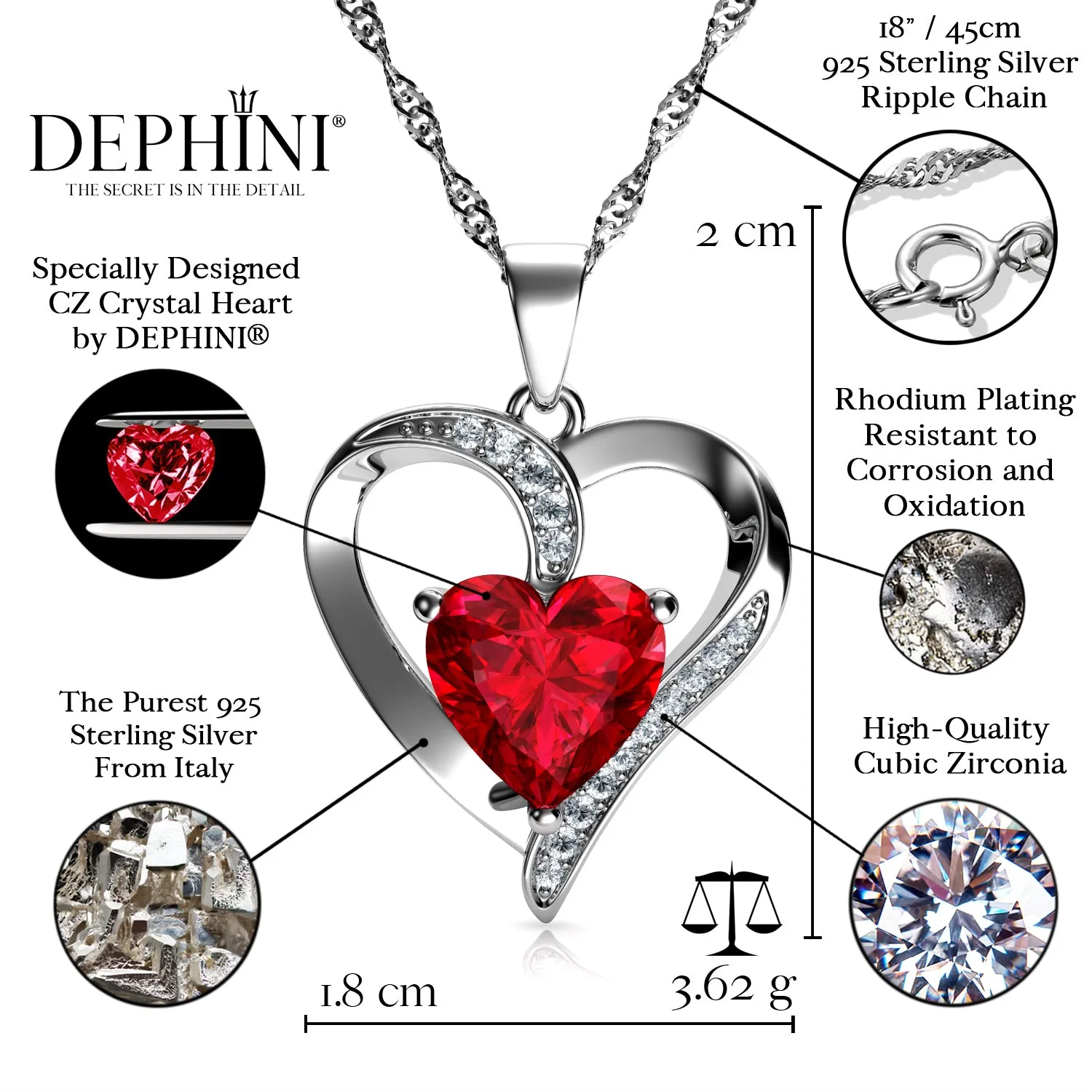 DEPHINI Red Heart Pendant 925 Sterling Silver Heart Pendant CZ