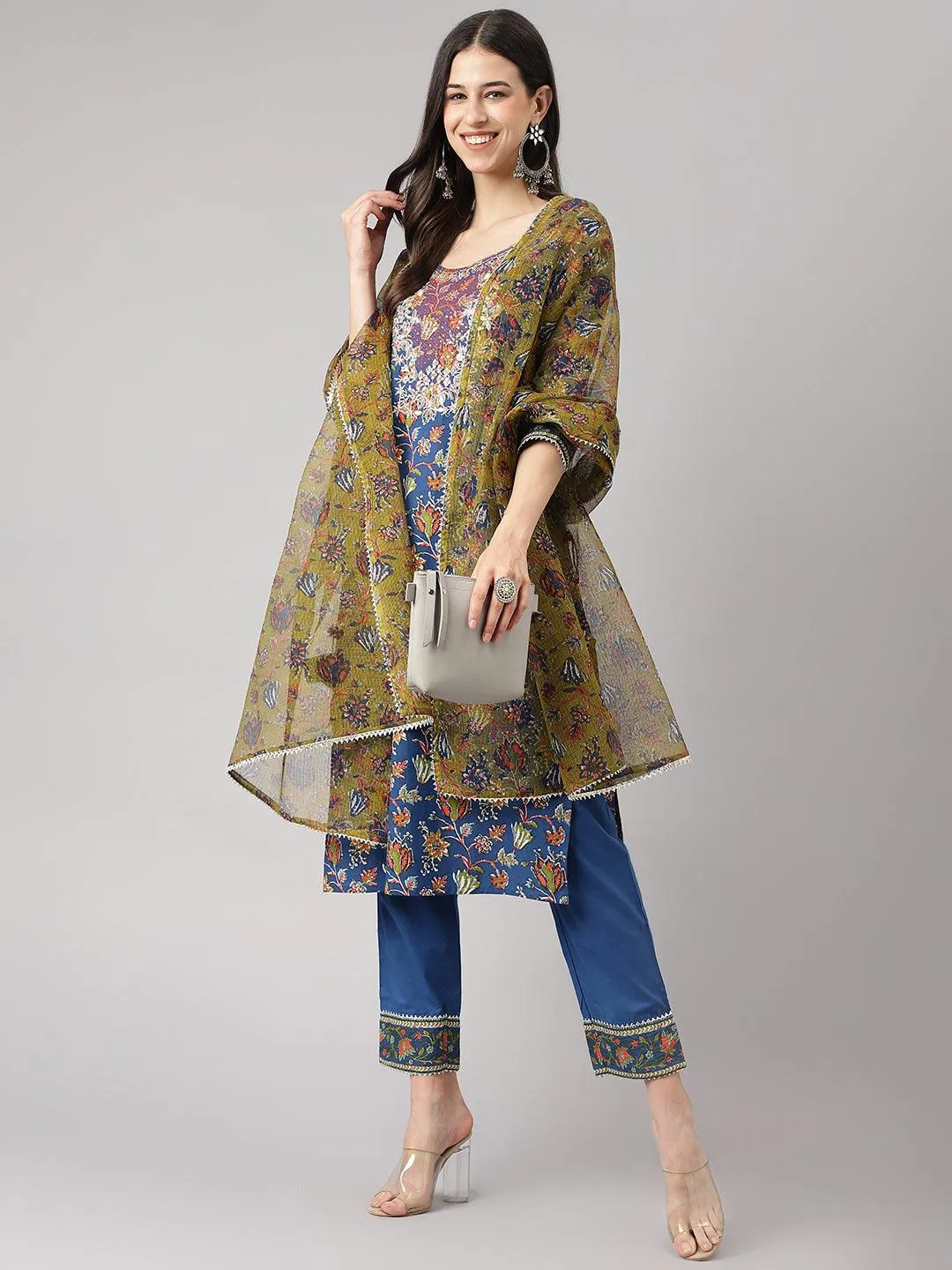 Divena Blue Floral Printed Kurta Pant Set with dupatta