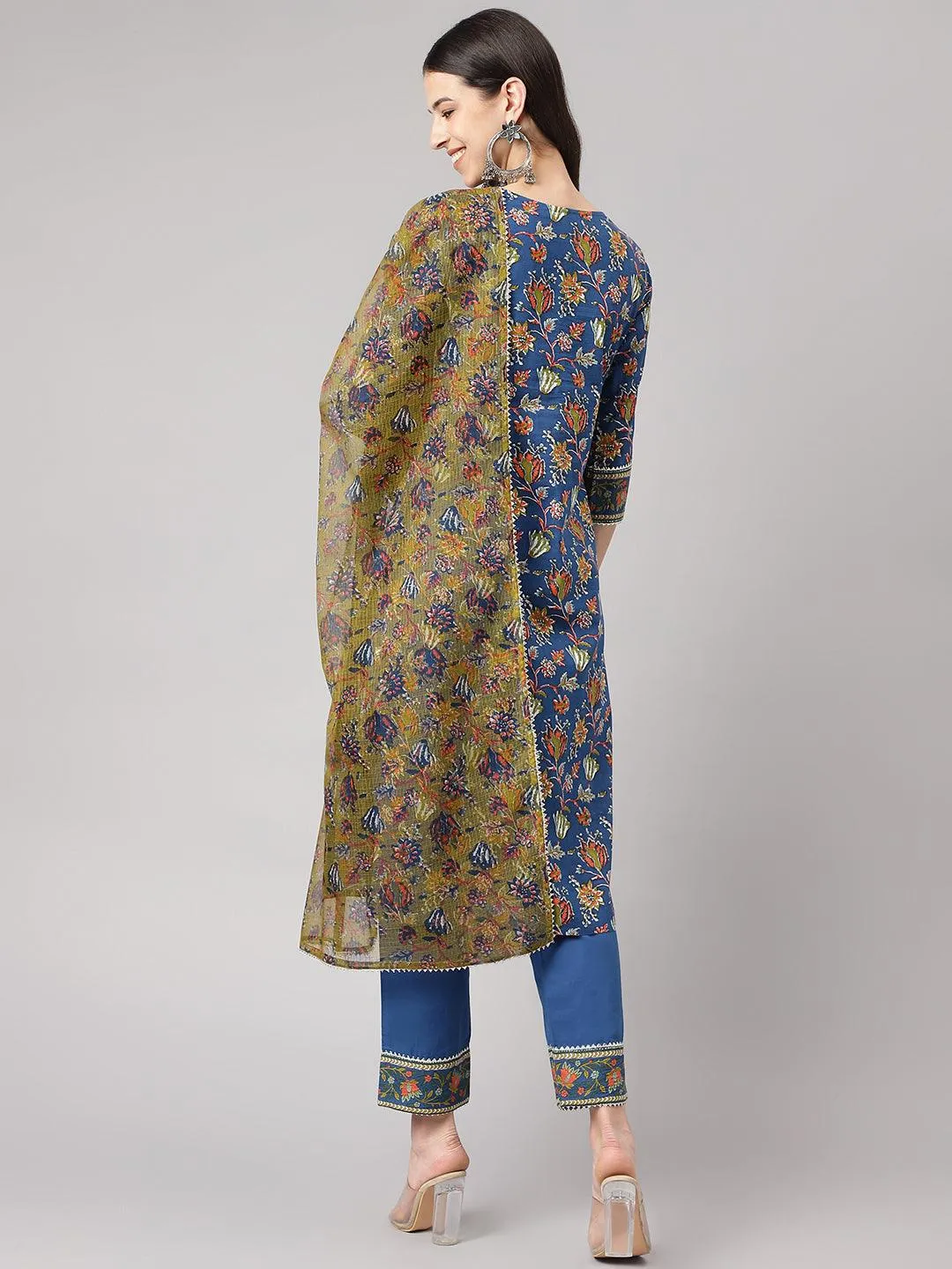 Divena Blue Floral Printed Kurta Pant Set with dupatta