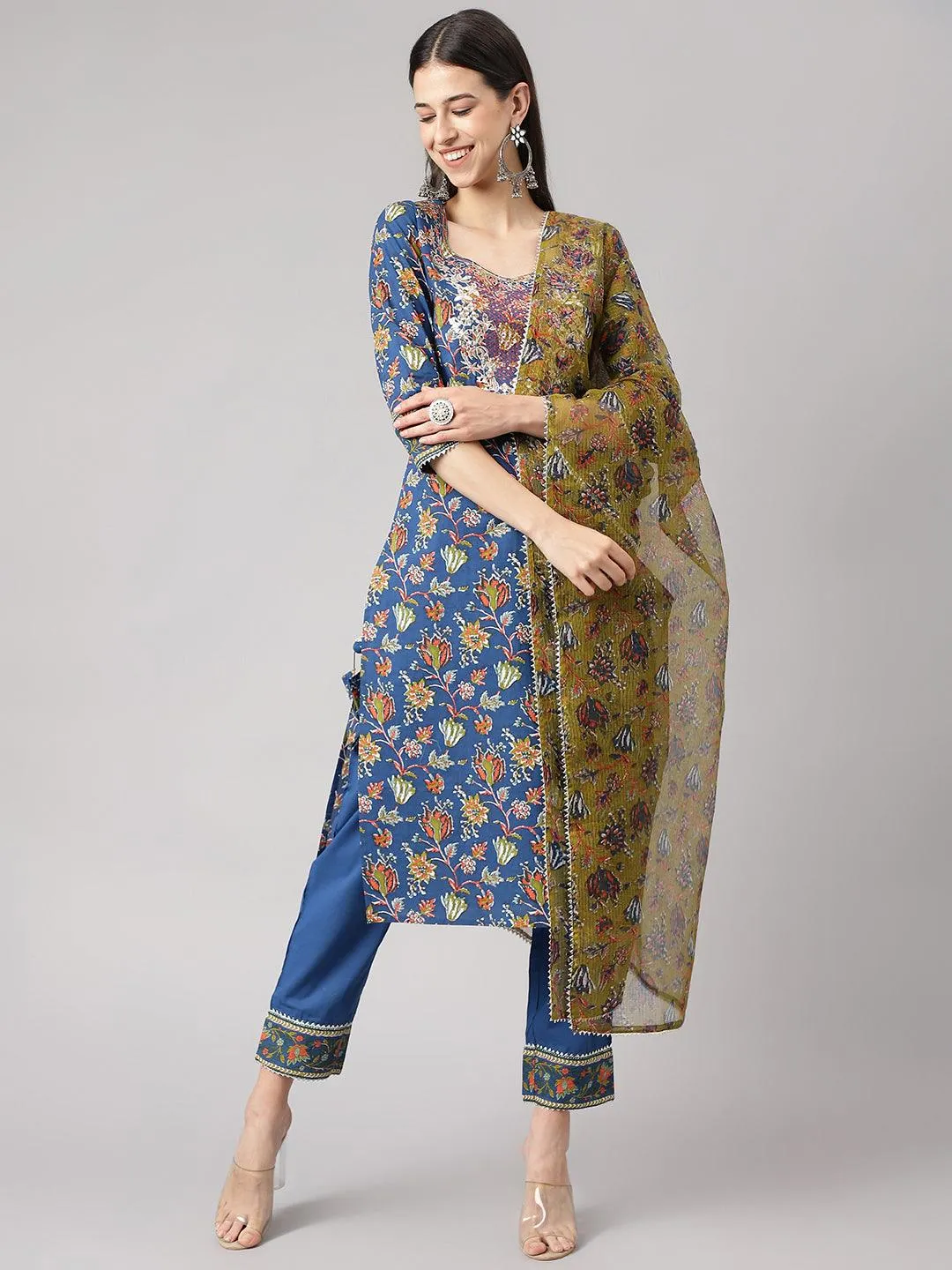 Divena Blue Floral Printed Kurta Pant Set with dupatta