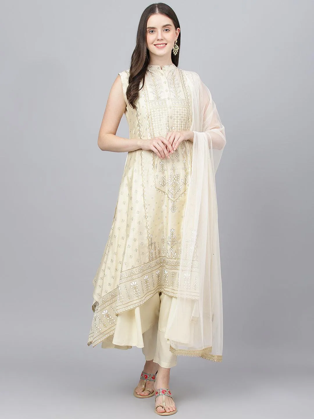 Divena Cream Chanderi kurta Pant Set with Net Dupatta