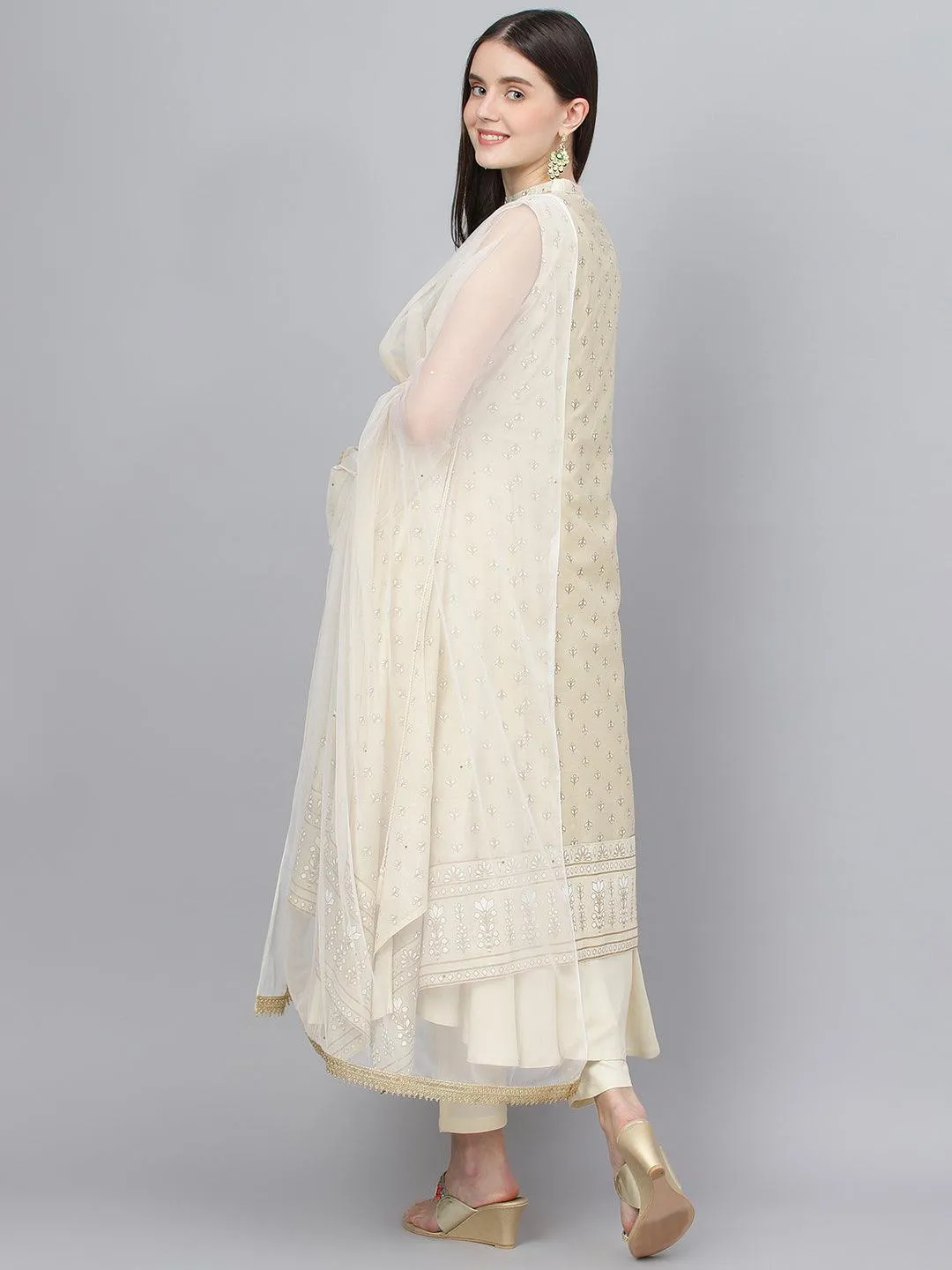 Divena Cream Chanderi kurta Pant Set with Net Dupatta