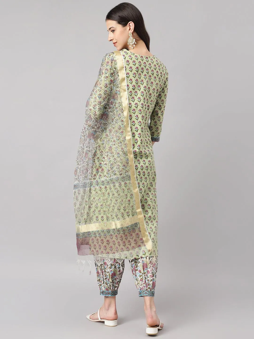 Divena Green and white Cotton Hand Block Printed Kurta Pant set with Dupatta