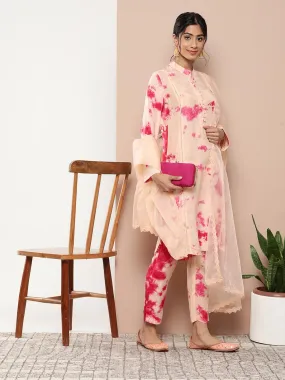 Divena Muslin Tie and dye Printed Kurta Pant Set with Organza Dupatta