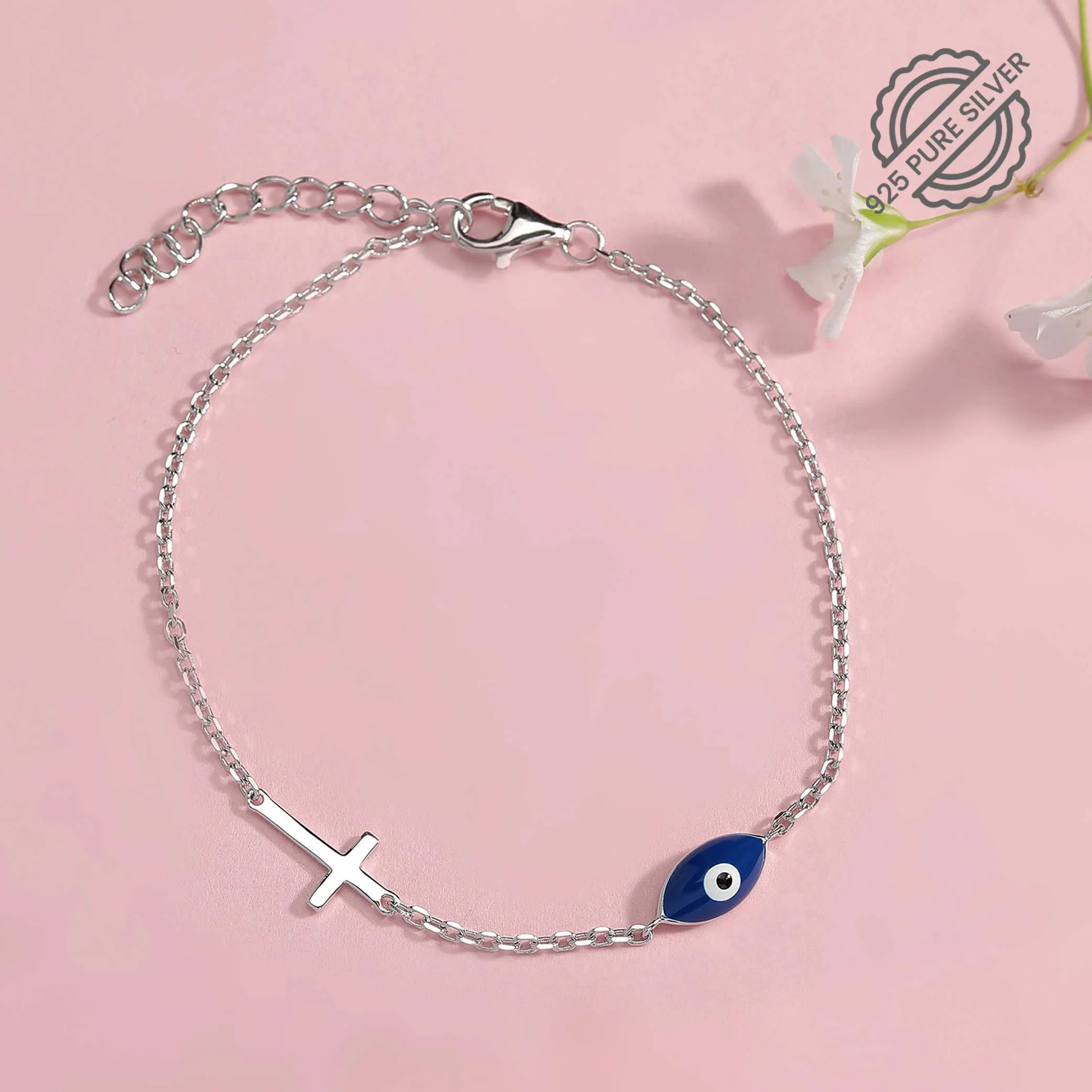 Evil Eye Sterling Silver Bracelet with Cross