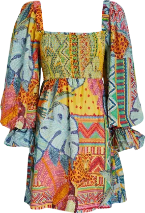 FARM RIO Multicoloured Summer Tapestry Smocked Mini Dress UK M