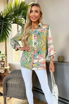 Green Paisley Multi Print Button Front 3/4 Sleeve Shirt