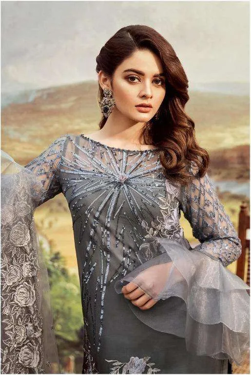 Grey Party Wear Embroidered Dress 34001