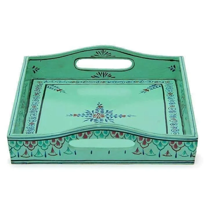 Hand Painted Turquoise Tray in Wood