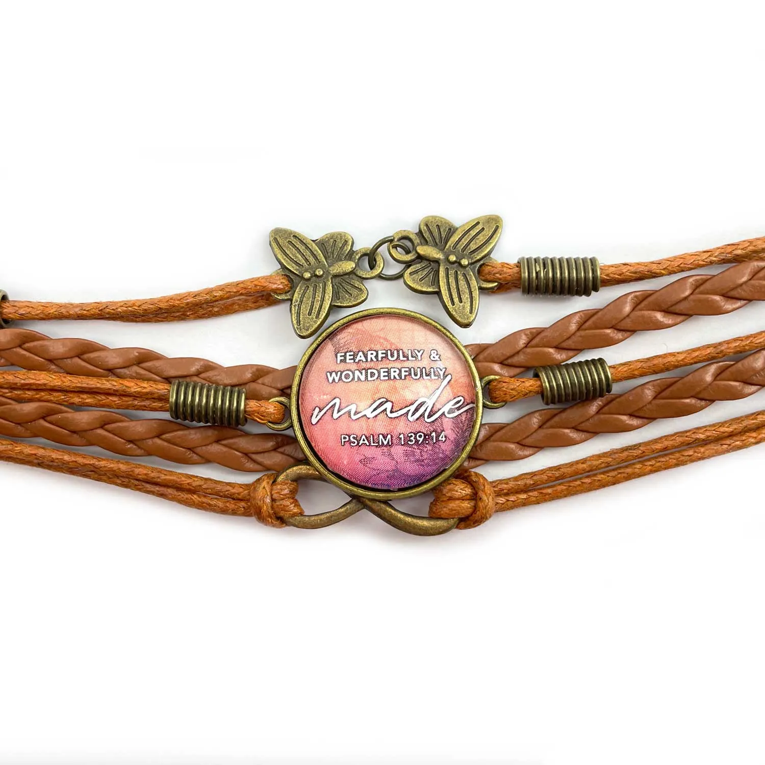 Hide me in the Shadow of Your Wings – Psalm 17:8 Scripture Verse – Multi-Strand Leather Bracelet with Butterflies – Christian Jewelry