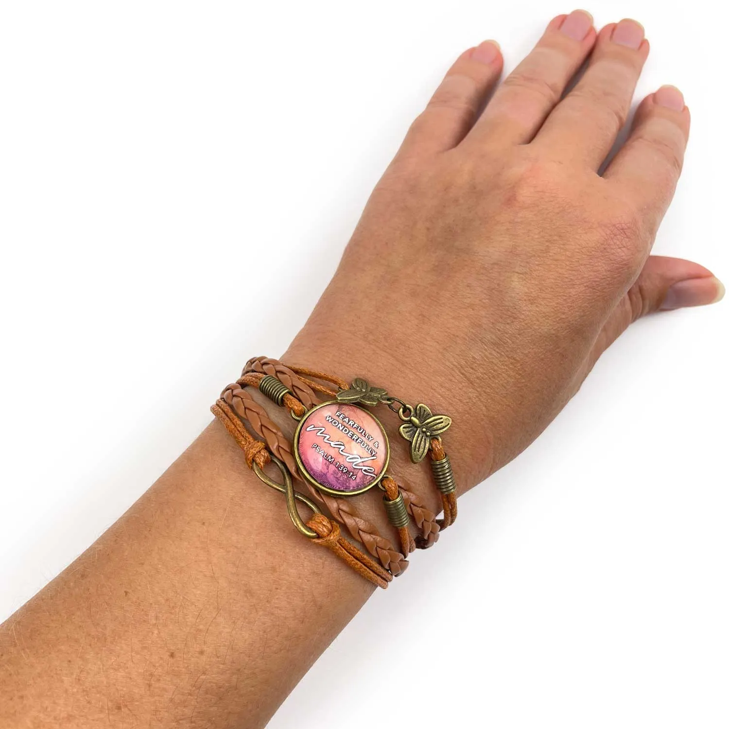 Hide me in the Shadow of Your Wings – Psalm 17:8 Scripture Verse – Multi-Strand Leather Bracelet with Butterflies – Christian Jewelry