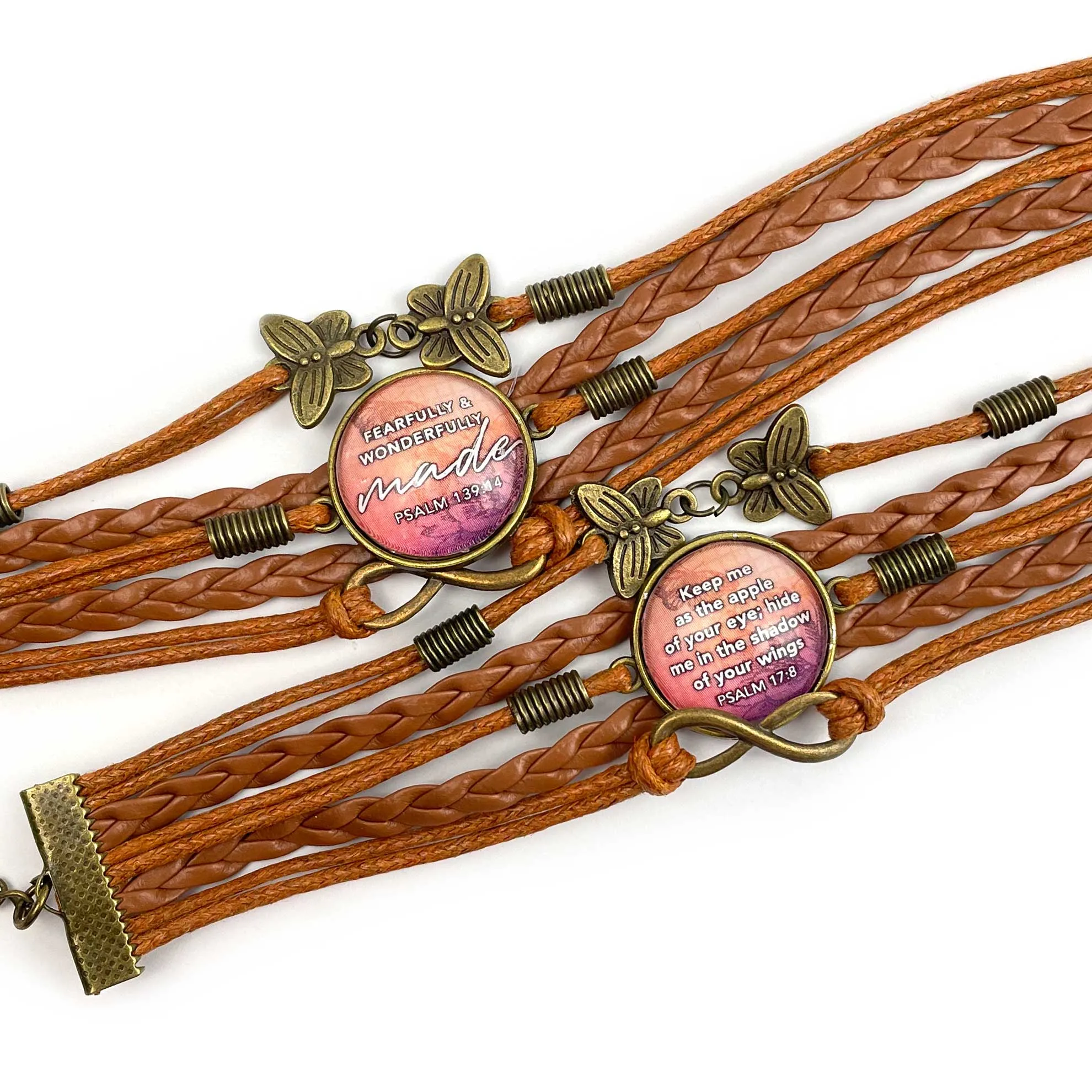 Hide me in the Shadow of Your Wings – Psalm 17:8 Scripture Verse – Multi-Strand Leather Bracelet with Butterflies – Christian Jewelry